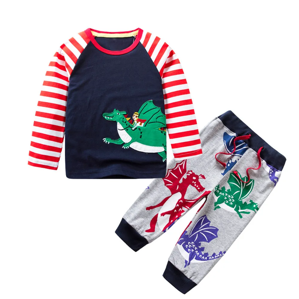 Kids Infant Baby Boys Animal Print Cartoon Striped Tops+Pants Outfits