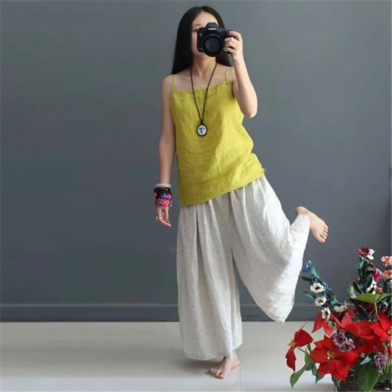 WUZHONGREN Casual Women Linen Plus Size Pleated Pants Women Soft Autumn Loose Cotton Wide Leg Pants Trousers Plus Size Pants