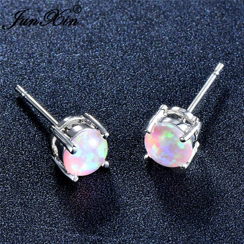 JUNXIN Cute Pink/Purple/Blue Fire Opal Stud Earrings For Women Silver Color Rainbow Birthstone Round Earrings Gift