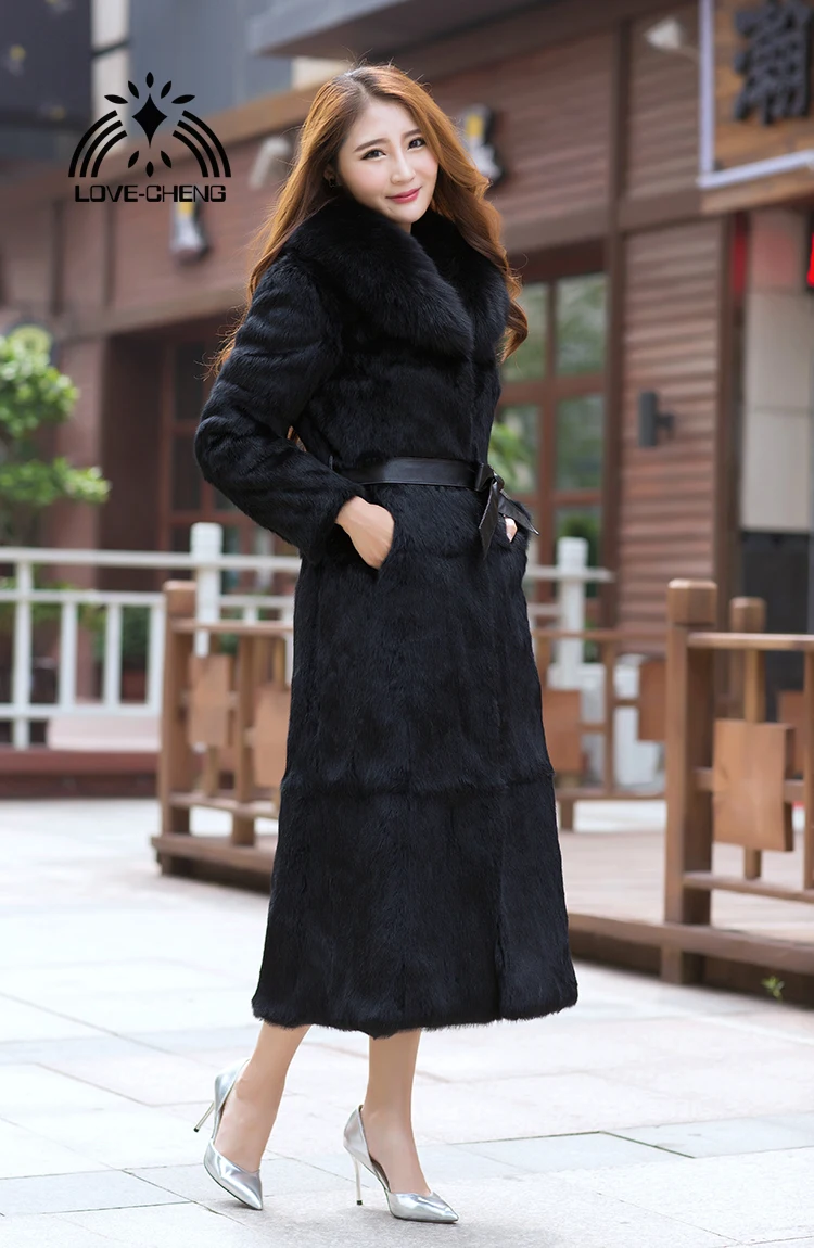 

New genuine real natural X-Long rabbit fur coat with fox fur collar women fashion long jacket ladies warm outwear overcoat