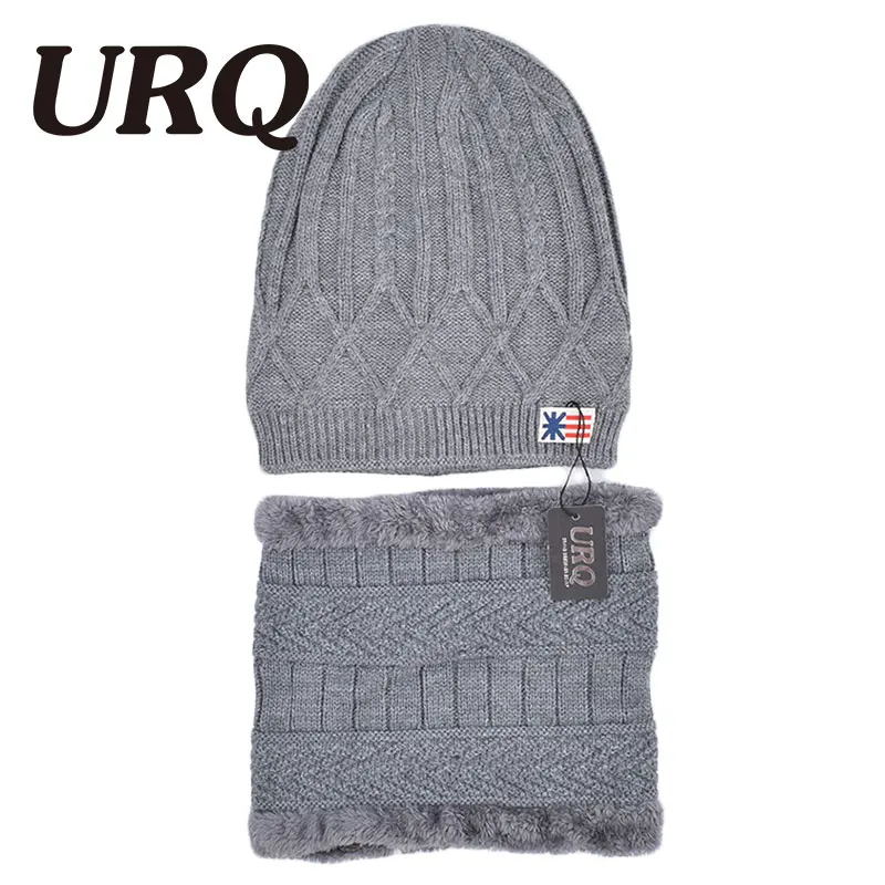 

URQ Scarf & Hat 2 Sets soft knitted winter warm with faux fur men cap adult Winter Warm Crochet knitted Hats and scarves 1013