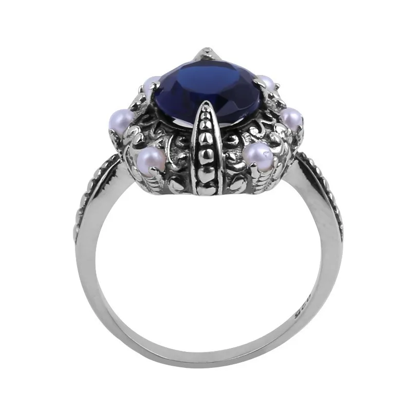 Szjinao,, высокое качество, резьба, натуральный жемчуг+ Винтажный синий сапфир, Женское кольцо из стерлингового серебра