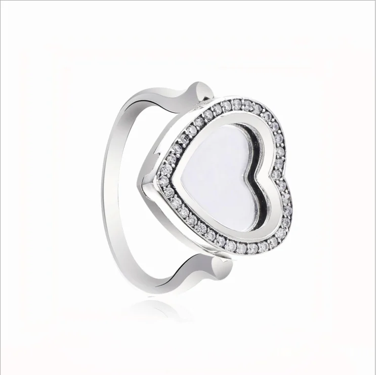 

2018 New Authentic 925 Sterling Silver With zircon Heart Mirror Case Ring For Women Bead Charm DIY panqiou Jewelry