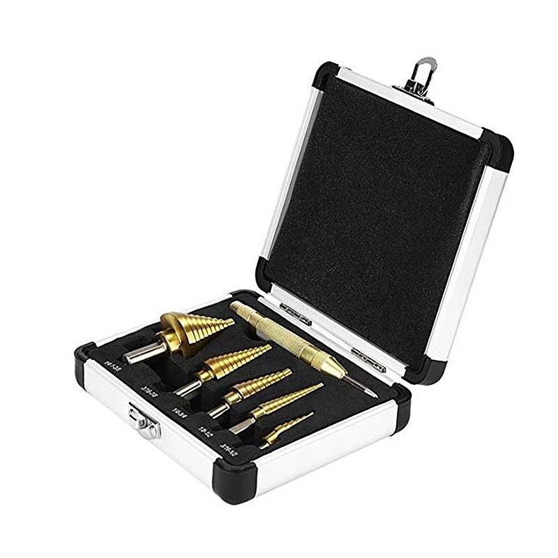 6Pcs Step Drill Bit Tool Sets Pagoda Drill Triangle Groove Handle Steel