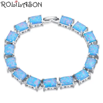 

ROLILASON light blue square simple design 925 silver opal print bracelet romantic Valentine's Day gift OB098