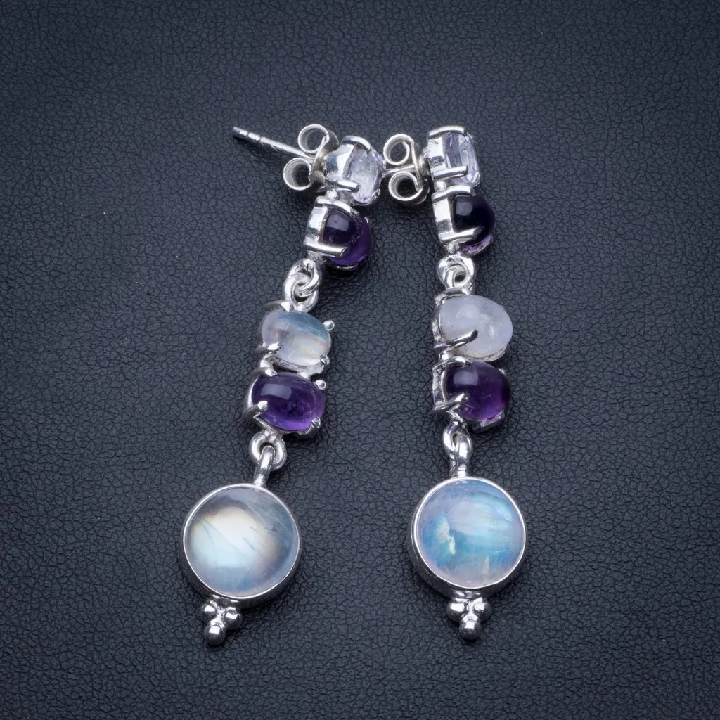 

Natural Rainbow Moonstone and Amethyst Boho 925 Sterling Silver Drop Earrings 2" R2431