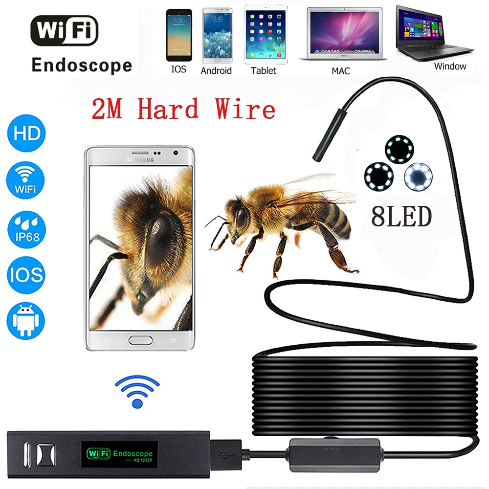 

Wifi endoscope camera Android & IOS Endoscopio 1200p 8 LED 8mm Waterproof Inspection Borescope Tube Camera with 2M Hard wire