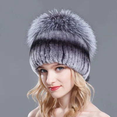 Luxury New Style Real Fur Warm Hat For Women Top Natural Fur Winter Beanie Genuine Rabbit