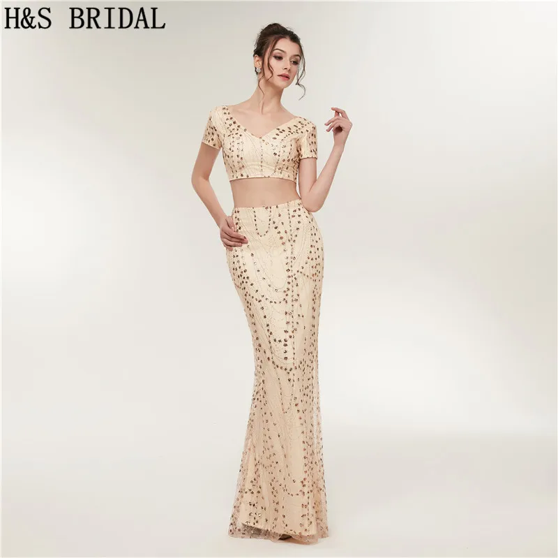 H& S свадебные эвакуатор шт Вечерние платья с v-образным вырезом Короткие рукава пикантные женские вечерние платья - Цвет: Шампанское