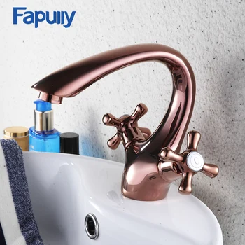 

Fapully Dual Handle Basin Rose Gold Bathroom Sink Faucet Water Mixer Tap Cross Handle Deck Mount Ceramic Valve