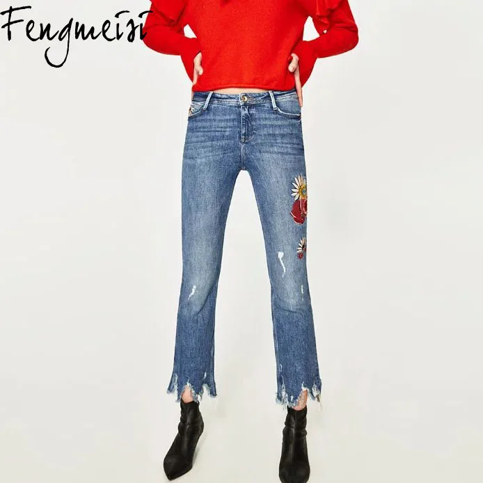 

Fengmeisi 2017 Hot Fashion Ladies Cotton Denim Pants Womens Floral Embroidery Ripped Skinny Jeans Denim Jeans For Female P4198