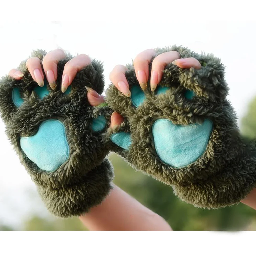 Зимние женские плюшевые перчатки пушистый медведь/кошка плюшевая лапа/коготь перчатки Kawaii Хэллоуин мягкие махровые женские перчатки на пол пальца варежки - Цвет: army green