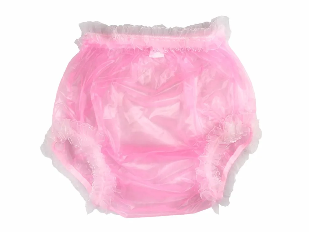 ABDL взрослых недержание Pull-on пластиковые брюки кружевные трусики цвет прозрачный розовый с белым кружевом P006A-5