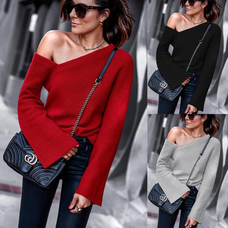 

2019 Spring Autumn New Sexy Off Shoulder Solid Casual Loose red Knitted Sweater Women Tops Long Sleeve Fashion Pullovers Female