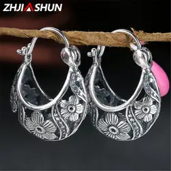 ZHJIASHUN 925 пробы серебро небольшие серьги обруча полые цветок Этнические серьги для Для женщин Дамы романтический рождественский подарок