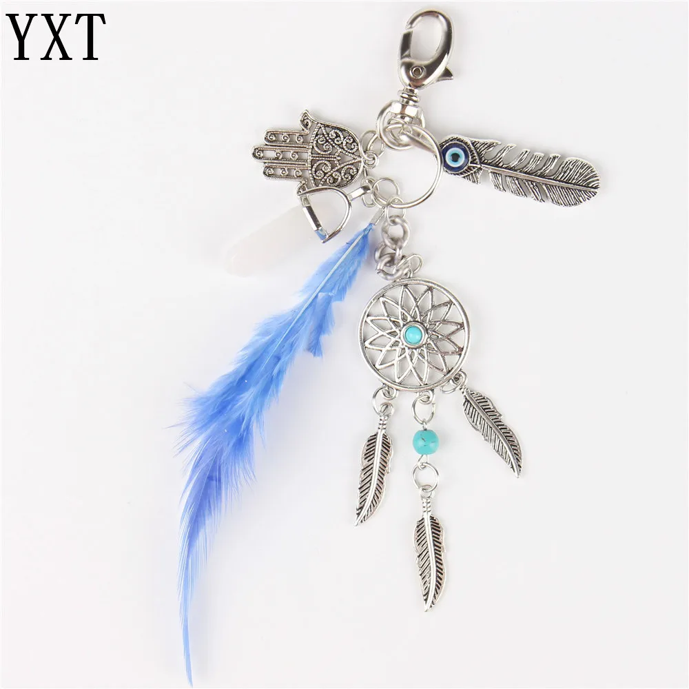 

Natural Feather Boho Palm Hand Stone Pendant Charm Crystal Purse Bag Keyring Key Chain Accessories Wedding Gift