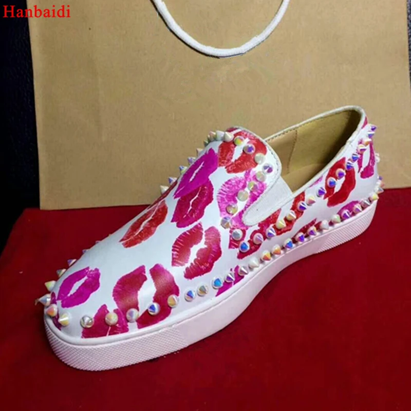 

Hanbaidi Genuine Printed lips Women Loafers Luxury Rivets Studed Slip On Round Toe Casual Shoes Outfit Party Dress Shoes Women