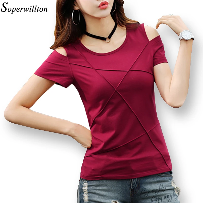 

Plus Size T Shirt Women Tops Cotton Tee Shirt Femme Camisetas Mujer 2019 Off Shoulder Short Sleeve Tshirt Female Summer Red T13