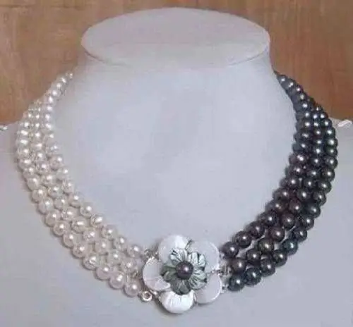 

very good 3row white & black Freshwater pearl necklace shell flower clasp NATURAL plated wholesale > (A0423) -Top quality free s