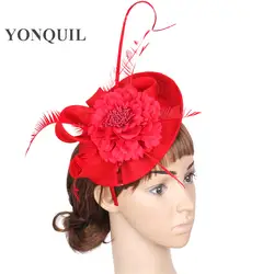 Элегантный Шелковый цветок красный чародей шляпа на банданы для мужчин фантазии перо страуса Свадебные гоночный головной убор для женщин