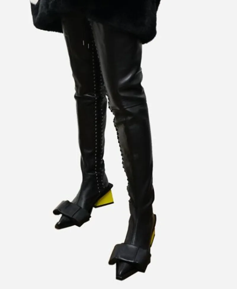 

Botines Mujer New Sexy Pointed Toe Bow-knot Thick High Heels Fetish Shoes Women Black Blue Thigh High Long Boots