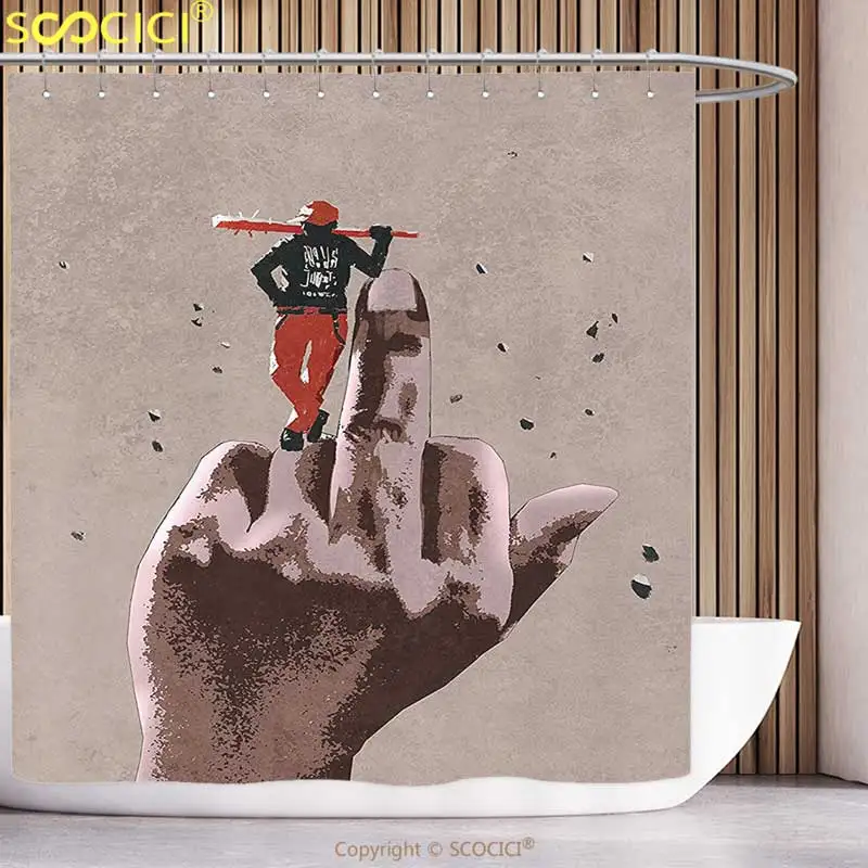 

Funky Shower Curtain Fantasy Art House Decor Middle Finger Hand Sign and a Guy with Baseball Bat Danger Poster Print Multi