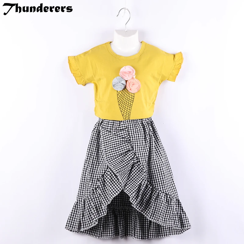 

Baby Girls Clothes Sets Fashion Yellow Ice Cream Pattern Tshirt And Plaid Dress Kids Set Casual Sport 2018 Girl's Clothing Suit