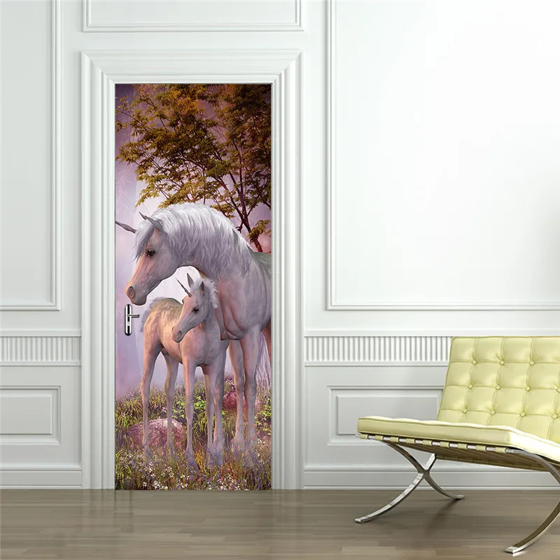 

White Unicorn Horse Poster PVC Waterproof Door Sticker Creative Stickers Door Wall Sticker DIY Mural Bedroom Home Decor