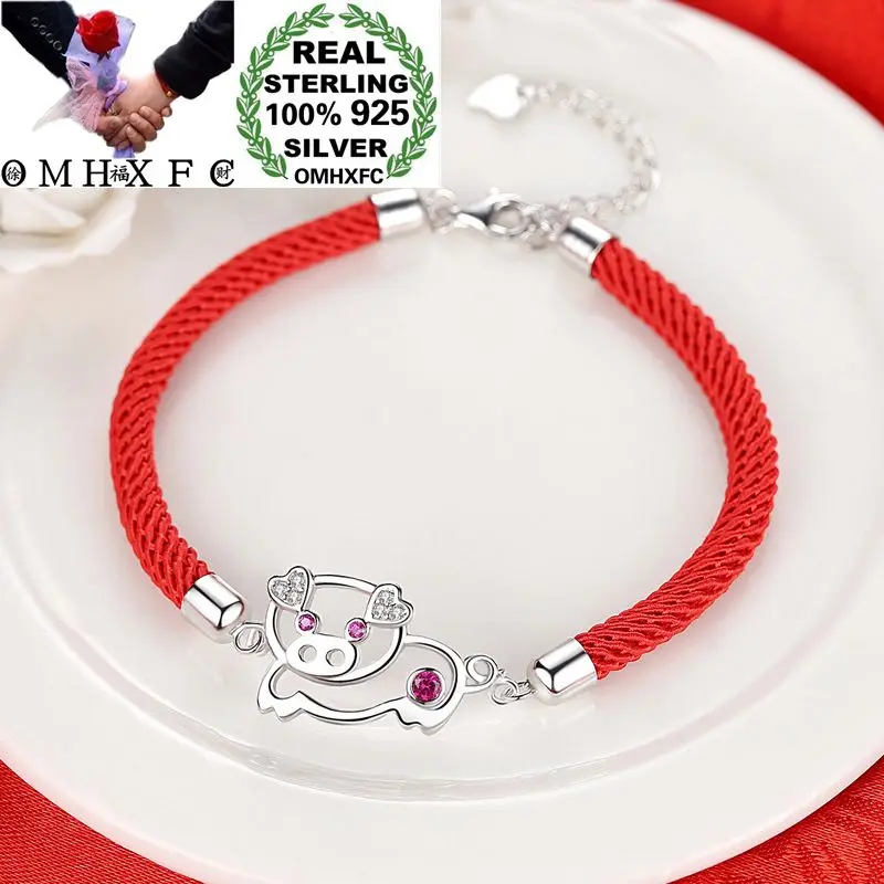 

OMHXFC Wholesale European Fashion Woman Party Birthday Wedding Hollow Pig AAA Zircon 100% S925 Sterling Silver Red Bracelet BC34