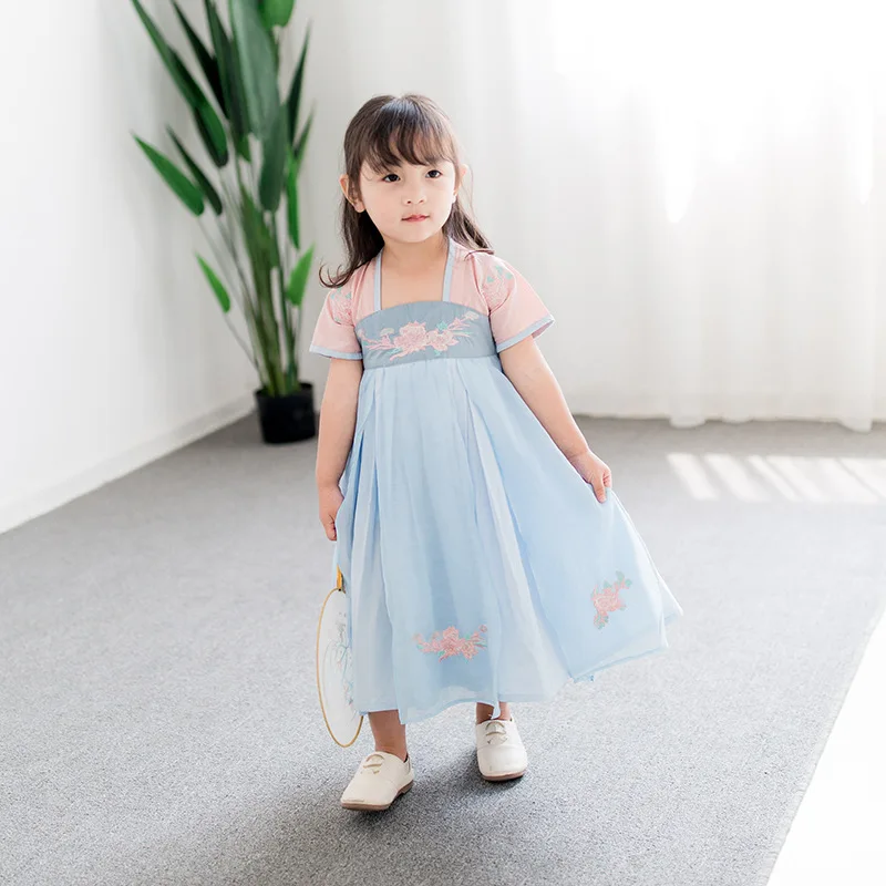 2018 новое летнее детское платье Hanfu с цветочной вышивкой, национальные костюмы для девочек, платья в китайском стиле