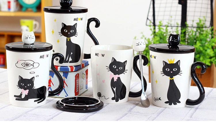 New Lovely Cat Tail Handle Mugs Cup Ceramic Coffee Tea Milk Drinkware With Spoon Cover Three in One Mug Gift 1 - Cat Paw Cup - Cat Paw Cup