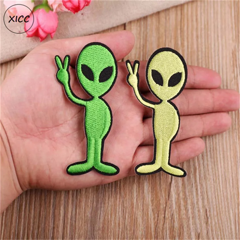 XICC милый мультфильм ET UFO зеленая вышивка утюгом на одежду большие глаза пришельцы