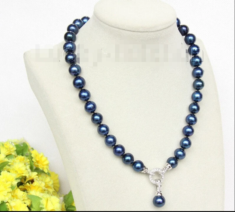 

shipping>>>> 17" 12mm round blue navy pearls necklace pendant Platinum Plated clasp j10021