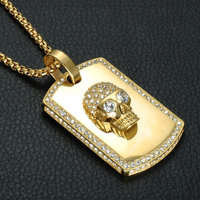 

HIP Hop Skeleton Skull Iced Out Bling Pendant Necklaces Gold Color Titanium Stainless Steel Dog Tag Necklace for Men Jewelry