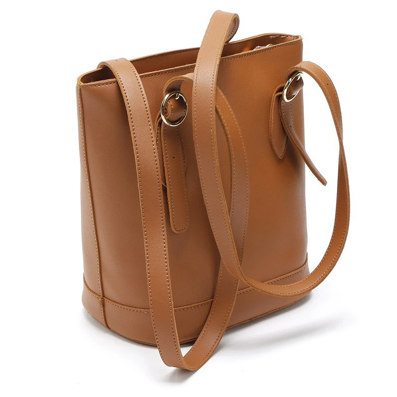 Women Solid Bucket Bag Handbag Elegant Large Capacity Double Straps