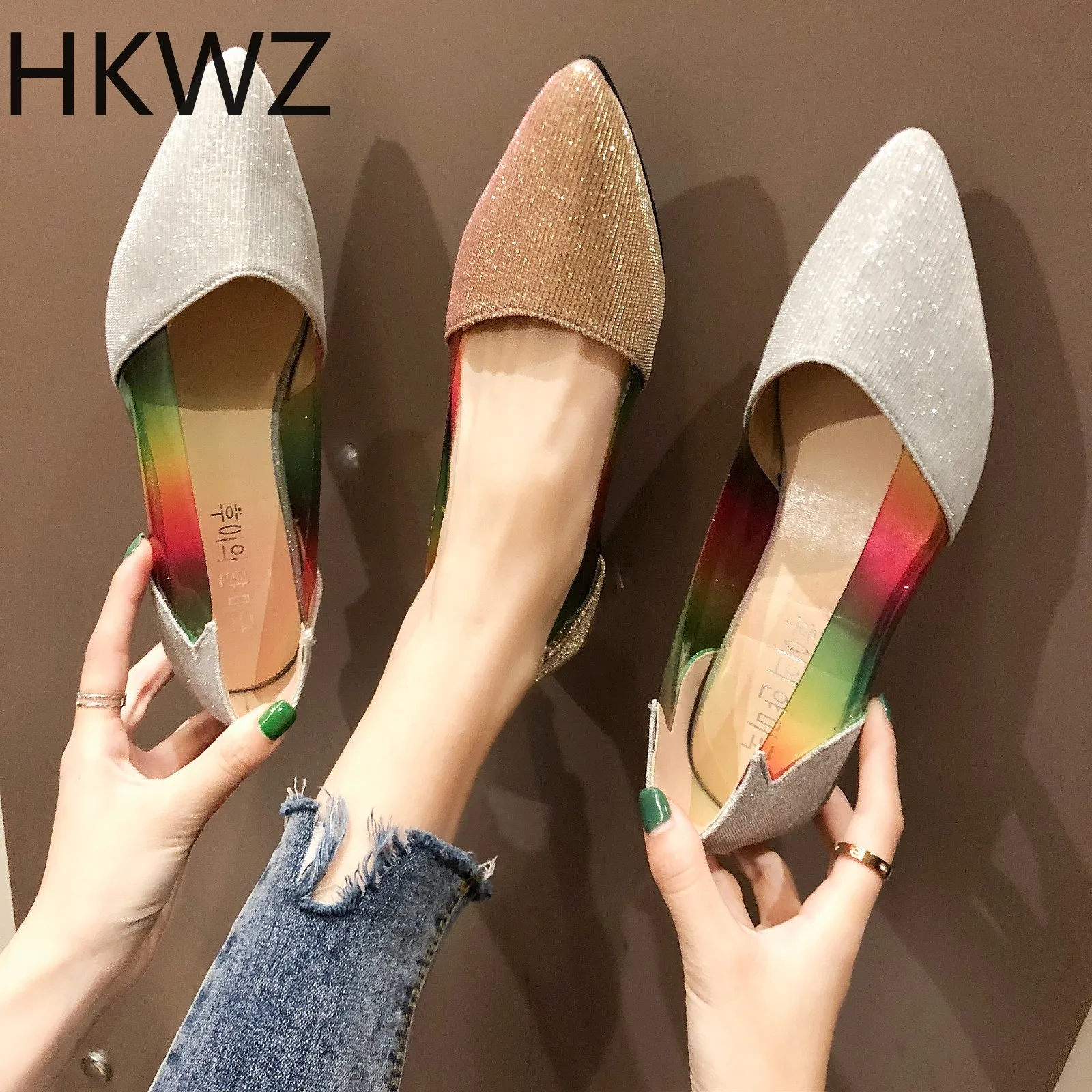 

2019 spring summer new pointed shallow mouth low heel color transparent flat shoes women's wild feet dress with sandals H0092