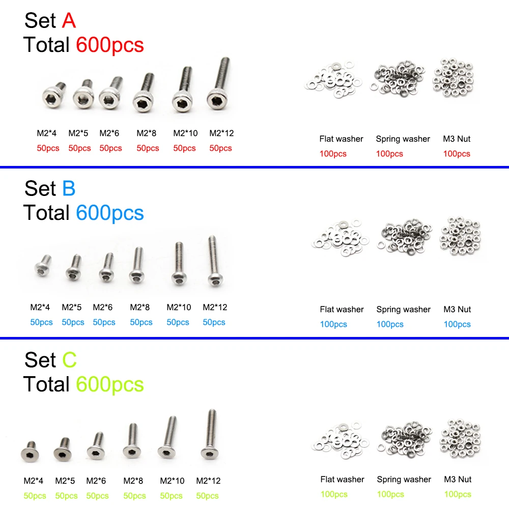 600 шт M2 304 из нержавеющей стали шестигранные винты Болт с шестигранными гайками шайбы ассортимент