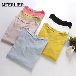 Mferlier для женщин карамельный цвет Базовая летняя футболка V средства ухода за кожей шеи короткий рукав Свободные Повседневная Женская