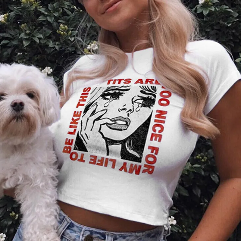 

New Arrival Summer Women Sexy Crop Tops Short Sleeve T-Shirt Cartoon Printed Tee Girl Casual