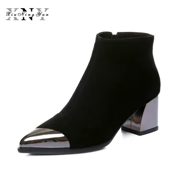 

XiuNingYan Metal Toe Genuine Leather Shoes Woman Boots Fashion Brand Medium Heel Winter Girls Martin Boots Women Ankle Boots