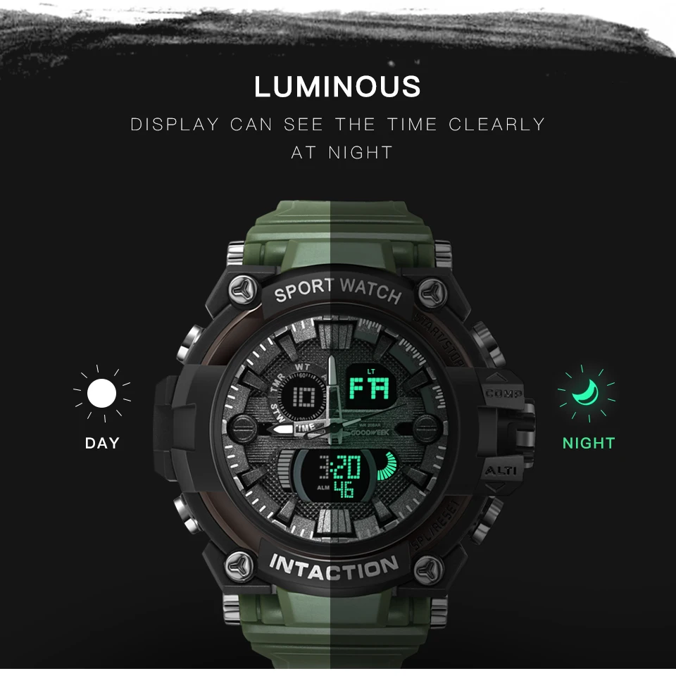 GOODWEEK Luxury Men Sport Watch Waterproof Digital Quartz Watches Men's Multi-functional Dual Display Watches Relogio Masculino