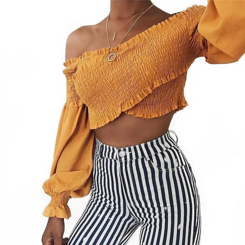 FREE SHIPPING off shoulder top long sleeve wrap ruffle slash neck JKP340 HTB1Qyv.j46I8KJjy0Fgq6xXzVXaB - FREE SHIPPING off shoulder top long sleeve wrap ruffle slash neck JKP340
