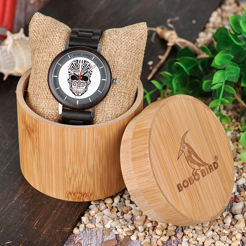 BOBO BIRD Unique Men Watch Wooden Quartz Wrist Watch Skull Skull Head for Mens in wood Box erkek kol saati