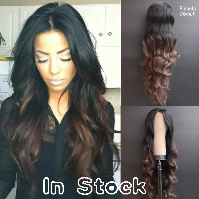 Free shipping heat resistant two tone ombre black to brown heat resistant wavy synthetic lace front wig
