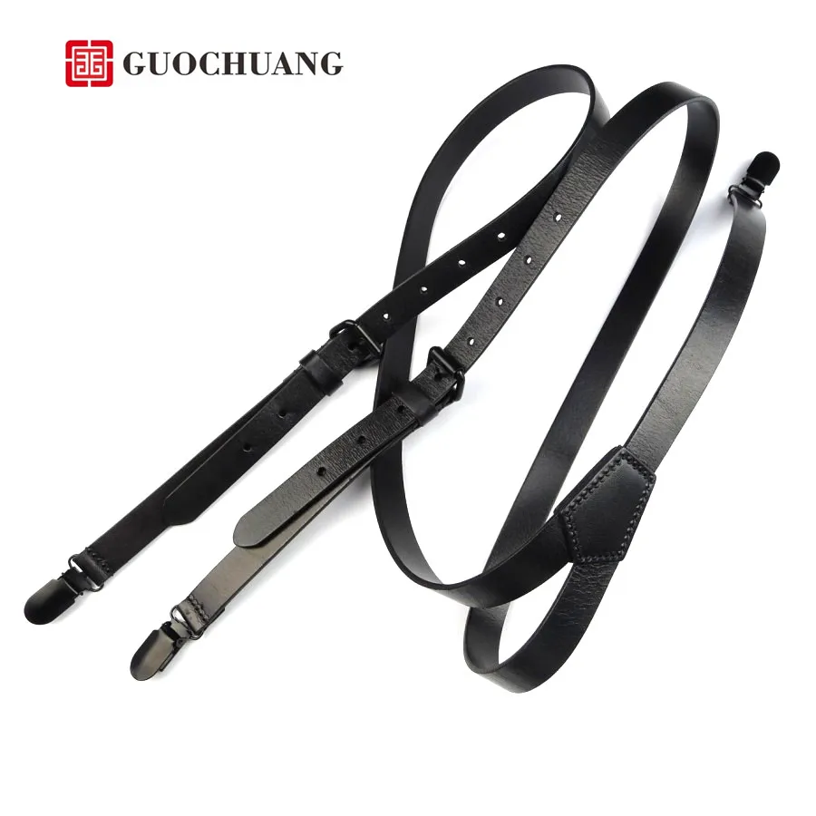 New Retro high grade black Genuine leather suspenders men Women head skin stylish tri clamp suspenders