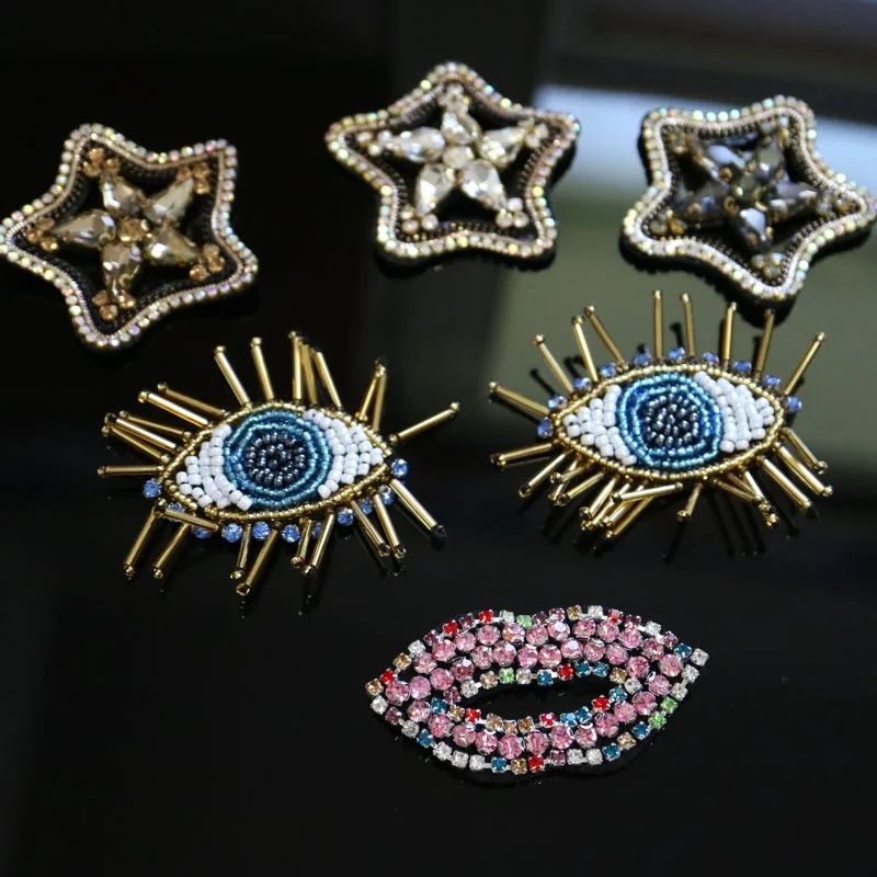 

1pc handmade star eye mouth beaded patches for clothing DIY rhinestone sequins Sew on patch embroidery applique parche ropa