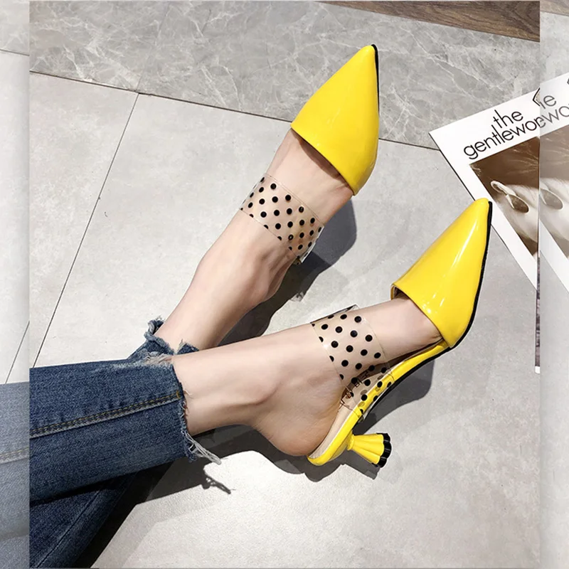 

2019 Summer Fashion Women Sandal Mid Heel Point Toe Women Mules Leisure Transparent Yellow Ladies Slipper Sexy Party Shoes Women