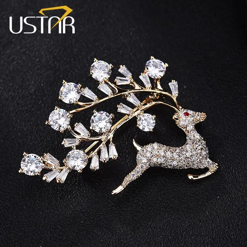 

USTAR Lucky milu Deer Brooches for women with AAA Cubic Zirconia Crystals Pins Brooch female broches Christmas gift Accessories