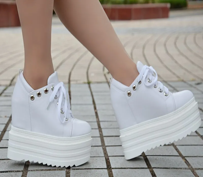 

Women's Ankle Boots 2019 Autumn PU Leather Shoes Woman Platform Height Increased Sneakers 13 CM Thick Sole Wedges White Boots