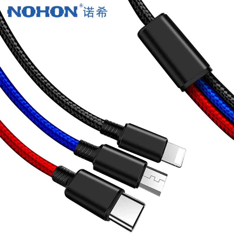 

NOHON All 3 in 1 Micro USB Type-C Lighting Charger Cable For iPhone 7 8 6 6s Plus X For Huawei Samsung Long Charge Cables 1.2/2M